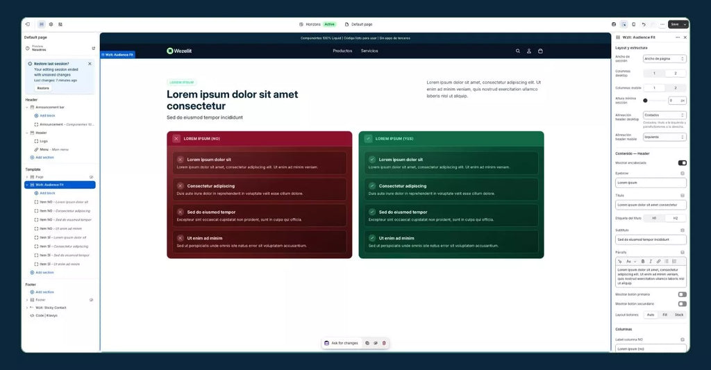 Sección Comparativa de Audiencia - Shopify - Componente web