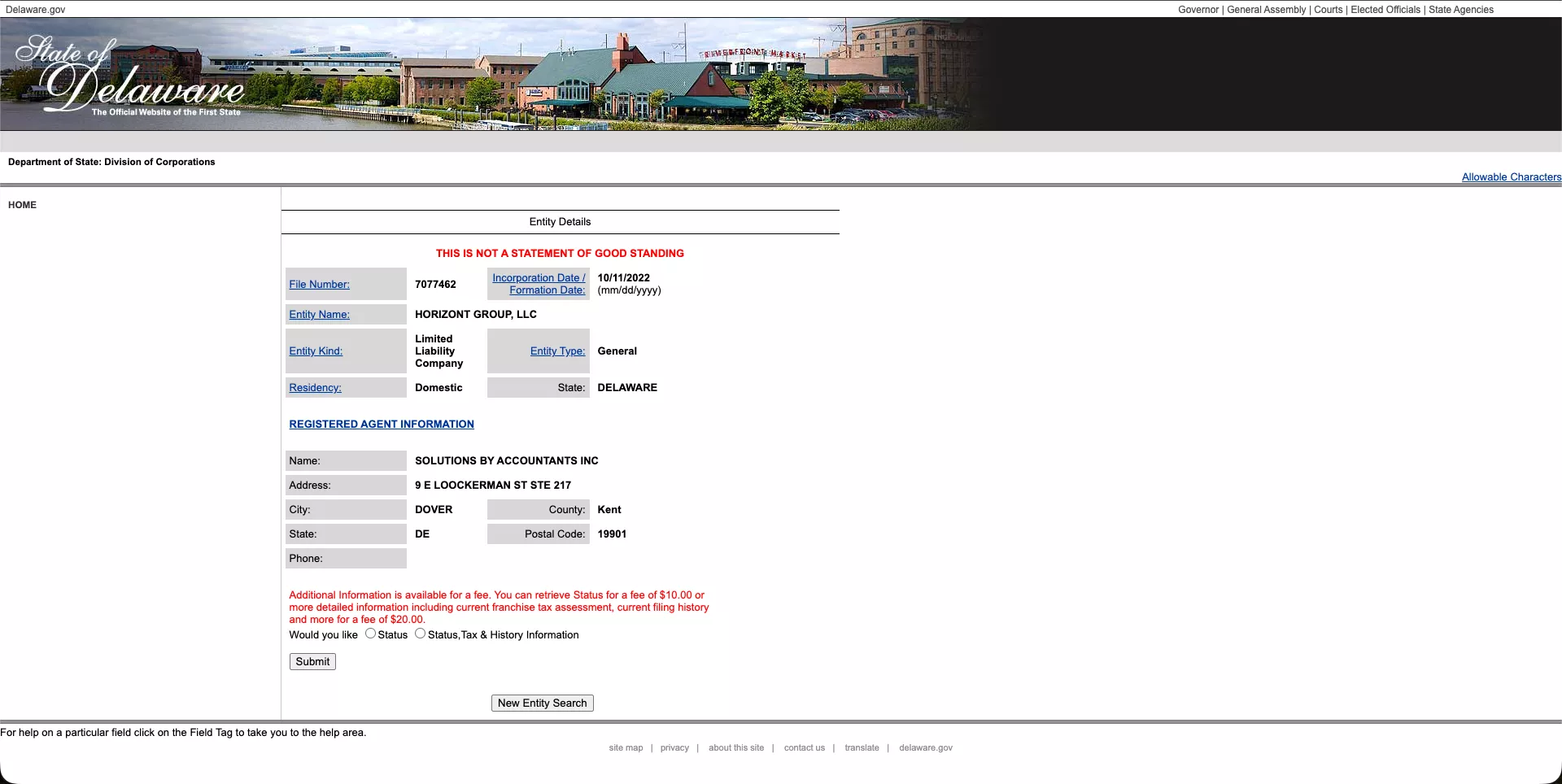 Consulta pública del registro de HORIZONT GROUP, LLC en el Division of Corporations de Delaware